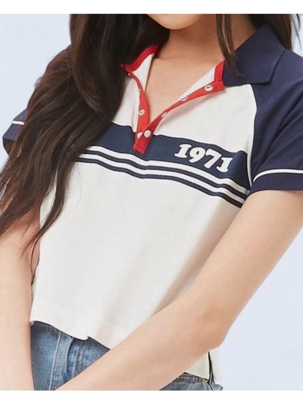 F21 Cropped Polo Top with 1971 Stripe Detail - White/Navy/Red Medium